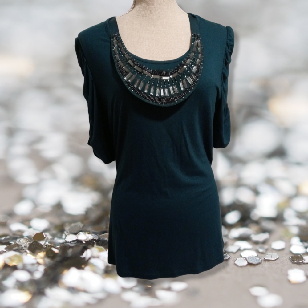 Apt 9 Emerald Soft Knit Jeweled/Embellished Neckline S/S Top Sz Large
